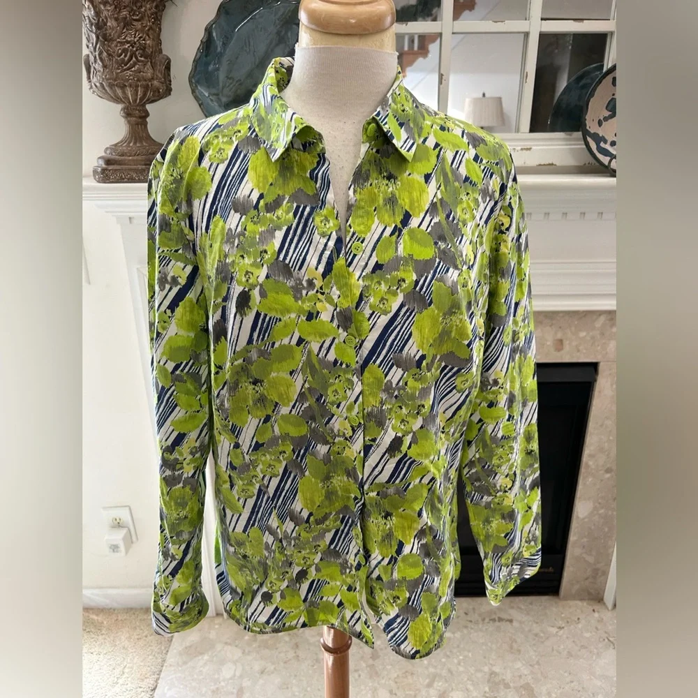 Lafayette 148 New York Green and Blue Patterned Blouse - Picture 2 of 7